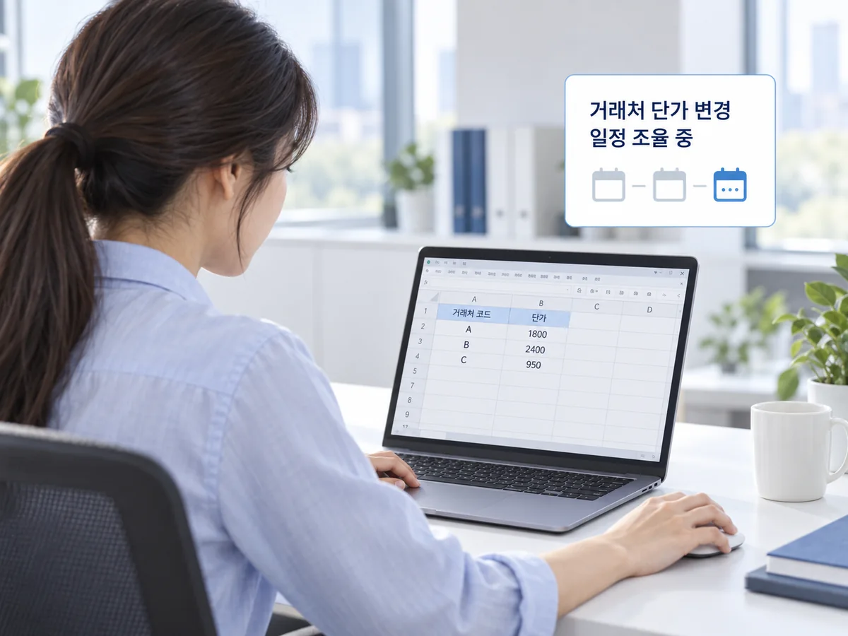 외주사와 수정 일정을 조율하는 동안 담당자가 엑셀로 단가를 수동 처리하는 업무 예시